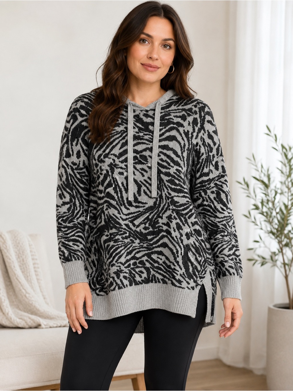 Lou & Grey Large Zebra Animal Print‎ Hooded Sweater Tunic